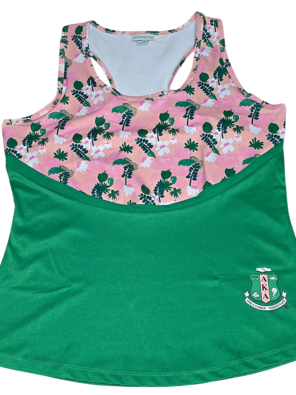 Ivy Storehouse AKA Sorority Floral Racerback Tank Top Green Pink Lg Athleisure